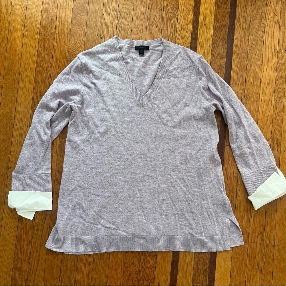 J. Crew wool blend v neck sweater purple cuffed lightweight EUC Medium oversized
